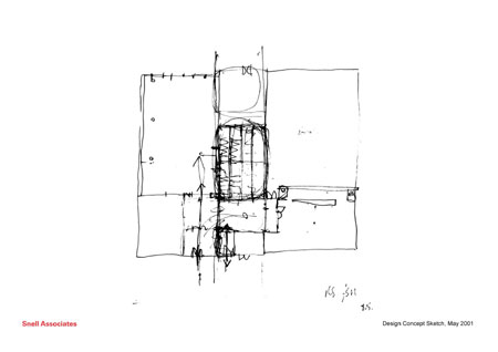 Design Concept Sketch for the redevelopment of Arnolfini in Bristol by Robin Snell and Susanna Heron, May 2001. Snell Associates.