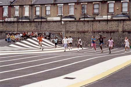 Zebra mound designed by artist Hattie Coppard and Kinnear Landscape Architects, 2003. Daubeney Primary School, London E5. Photo: Michael Franke
