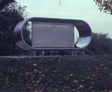 Shelter in stainless steel at the Spacemakers' public space, Hartcliffe, Bristol. Co-designed by landscape architect Loci Design and sculptor Calum Stirling, fabricated by Calum Stirling, 2004. Photo: Loci Design.