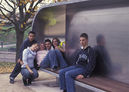 Shelter in stainless steel at the Spacemakers' public space, Hartcliffe, Bristol. Co-designed by landscape architect Loci Design and sculptor Calum Stirling, fabricated by Calum Stirling, 2004. Photo: Loci Design.