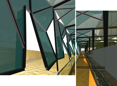 View from entry ramp.  Advanced Water Treatment Plant, San Diego.  Designed by artist Robert Millar and Guthrie+Buresh Architects, 1997.