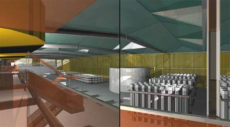 Interior view from didactic tour route.  Advanced Water Treatment Plant, San Diego. Designed by artist Robert Millar and Guthrie+Buresh Architects, 1997.