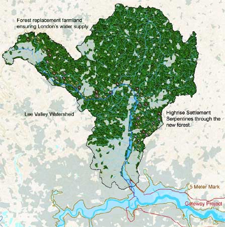 The Harrison Studio Britain, Newton Harrison/Helen Mayer Harrison, David Haley, Gabriel Harrison, Chris Fremantle: The Lee Valley, based on 30-year projections, annotated with the Harrison Studio's proposals.