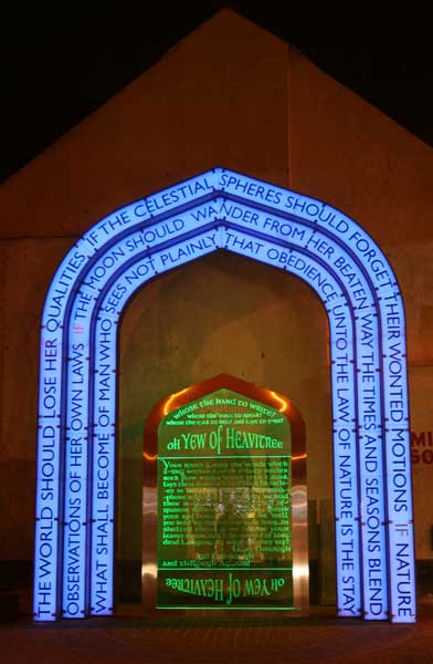 Voices of Heavitree, Exeter, 2008, lead artist Michael Fairfax, blacksmith Peter Osborne, and poet and word artist Ralph Hoyte. Glass manufacturer Wood and Wood. Photo: Exeter City Council