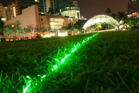 Emerald Laser Lawn, Dan Corson, 2007 Huzienga Plaza, Broward County, Florida, USA. Green lasers at low level playing out patterns across the lawn. Photo &copy; Dan Corson.
