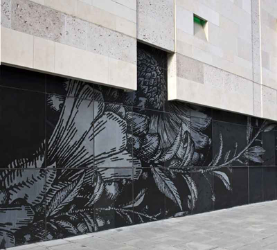 Timorous Beasties' sandblasted 'wallpaper' on the side of the main building elevations on Bond Street. Photo: InSite Arts 2008