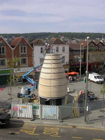 Wolfang Buttress inspecting the cladding panels in July 2006; photograph: Mark Luck, North Somerset Council.