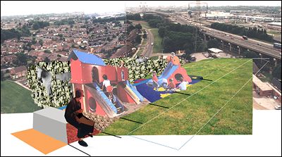 Modular Playstrip, visualised at site, muf, 1998 Bromford, for Scarman Trust &copy; muf