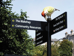 Bird finials for pedestrian signage system, designed by Cod Steaks, Weston super Mare.