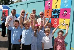 The opening of Boscome Library; hoardings mural by artist Jeff Pigott.
