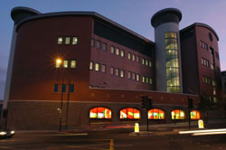 Double Gazing, digital window installation by Anna Heinrich and Leon Palmer, 2004.Dorothy Hodgkin Building, Bristol University.
