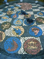 Ceramic Mosaic and Forged Stainless Steel Panels artist and photo Kate Maddison. Commission for Slow Art Trail, Chrysalis Arts